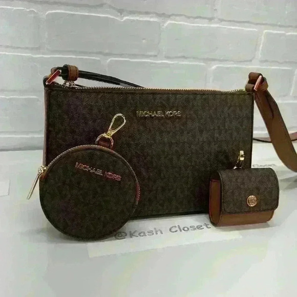 Michael Kors Crossbody Tech Attach Small Jet Set Travel MK Signature Brown - Picture 2 of 12